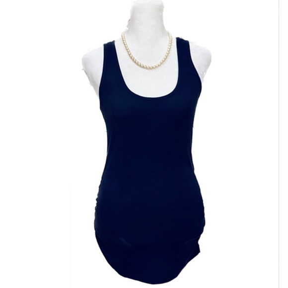 Old Navy Blue Fitted Ribbed Maternity Tank Top with Ruching, Women’s Size XS. - Picture 6 of 11